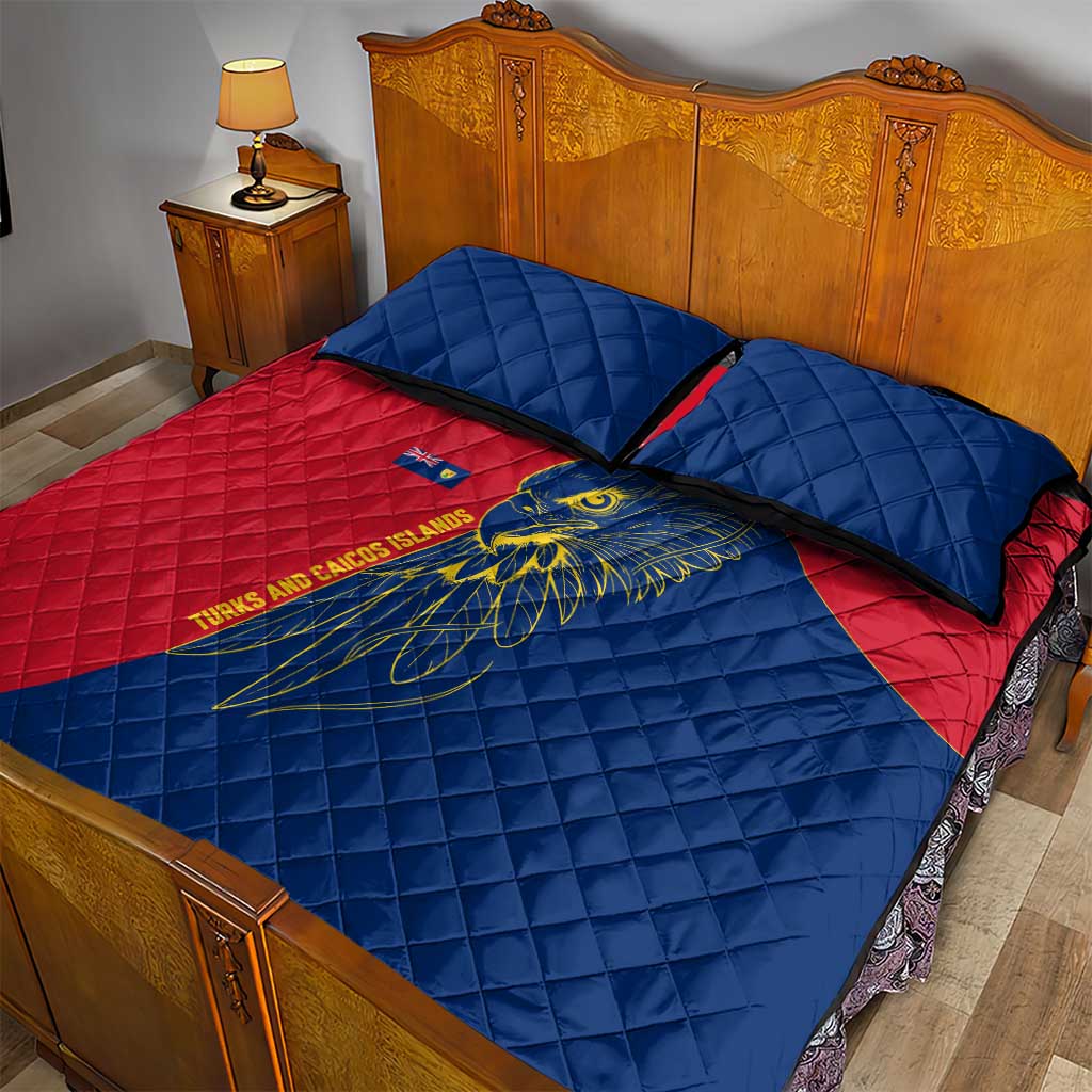Turks and Caicos Islands Quilt Bed Set with Yellow Hawk Outline and Red Blue Crest Design - Wonder Print Shop