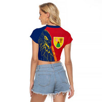 Turks and Caicos Islands Raglan Cropped T Shirt with Yellow Hawk Outline and Red Blue Crest Design - Wonder Print Shop