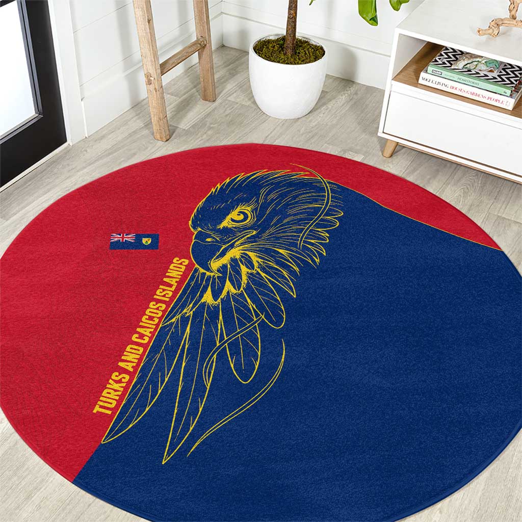 Turks and Caicos Islands Round Carpet with Yellow Hawk Outline and Red Blue Crest Design - Wonder Print Shop