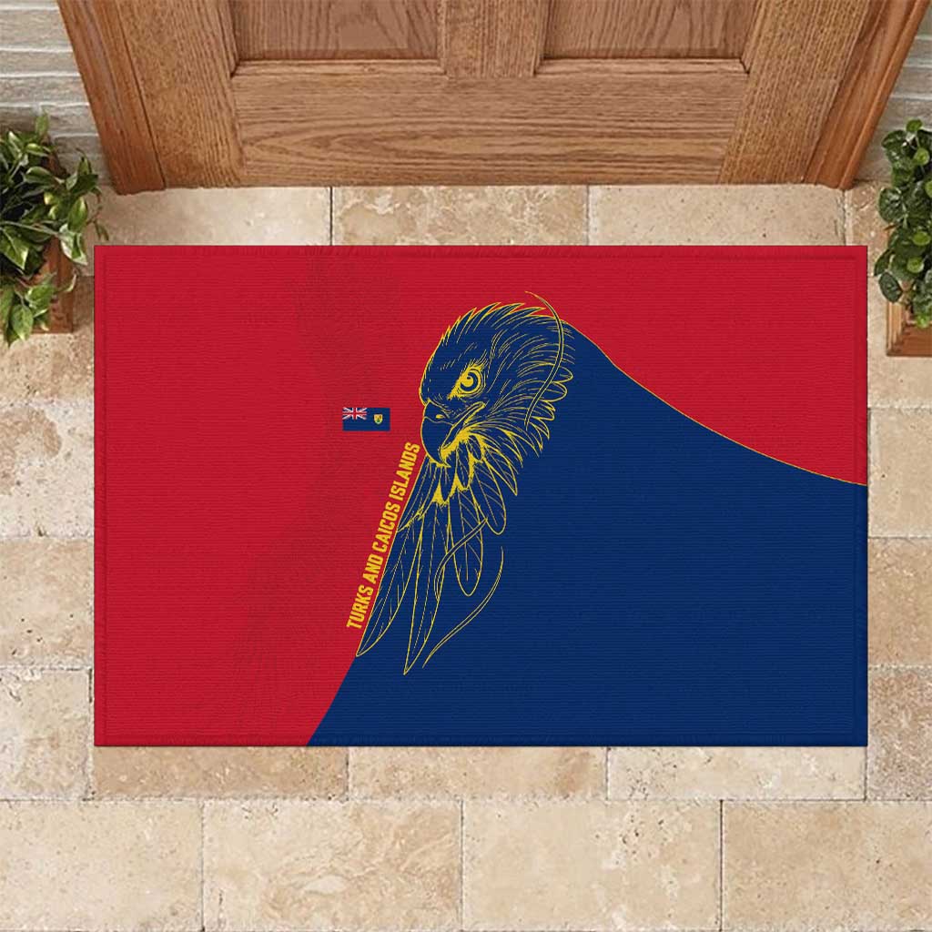 Turks and Caicos Islands Rubber Doormat with Yellow Hawk Outline and Red Blue Crest Design - Wonder Print Shop