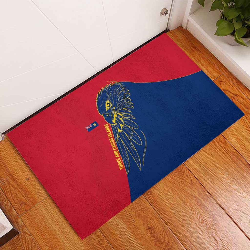 Turks and Caicos Islands Rubber Doormat with Yellow Hawk Outline and Red Blue Crest Design - Wonder Print Shop