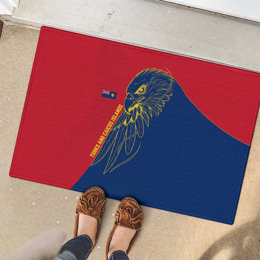 Turks and Caicos Islands Rubber Doormat with Yellow Hawk Outline and Red Blue Crest Design - Wonder Print Shop