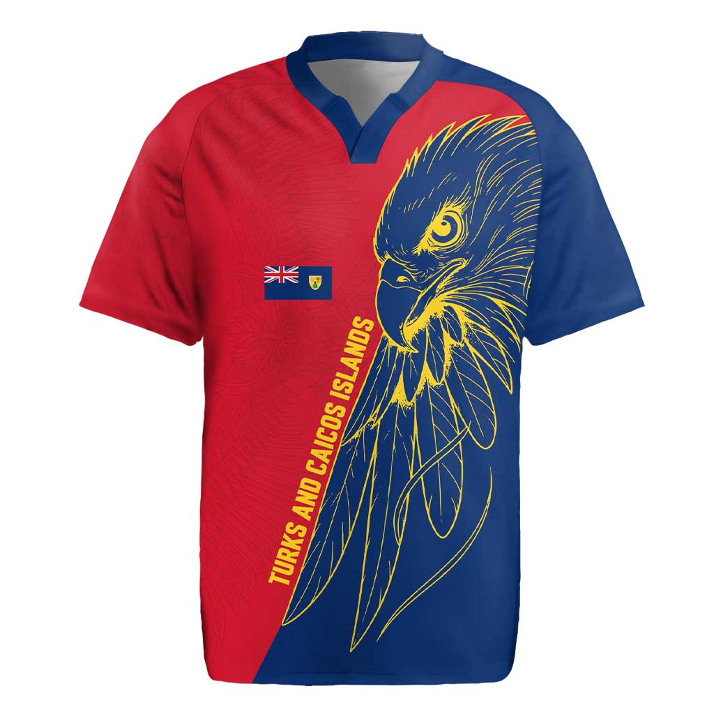 Turks and Caicos Islands Rugby Jersey with Yellow Hawk Outline and Red Blue Crest Design - Wonder Print Shop