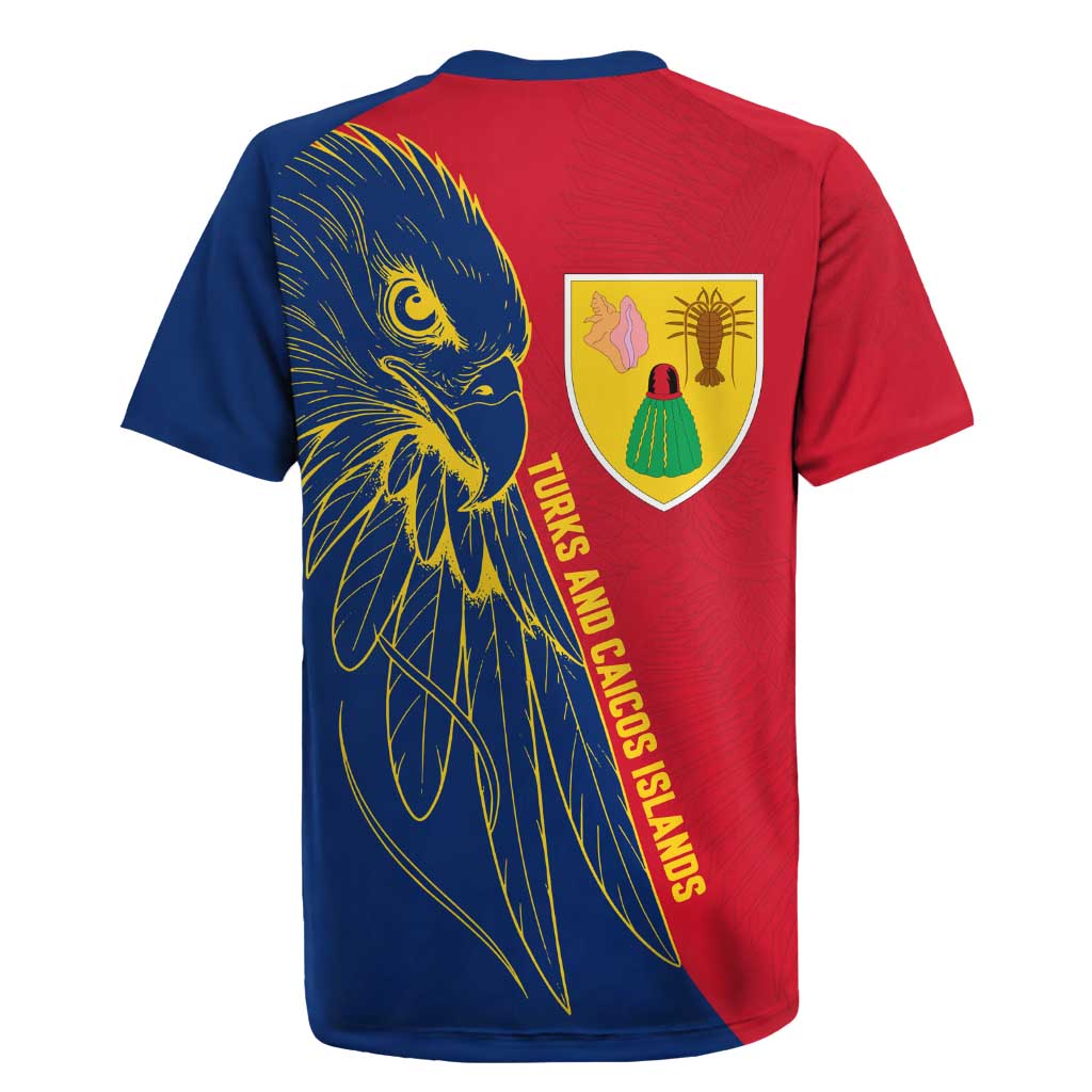 Turks and Caicos Islands Rugby Jersey with Yellow Hawk Outline and Red Blue Crest Design - Wonder Print Shop