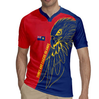 Turks and Caicos Islands Rugby Jersey with Yellow Hawk Outline and Red Blue Crest Design - Wonder Print Shop