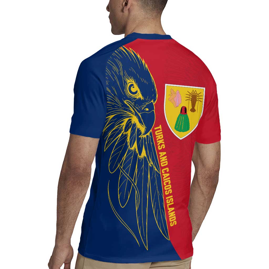 Turks and Caicos Islands Rugby Jersey with Yellow Hawk Outline and Red Blue Crest Design - Wonder Print Shop