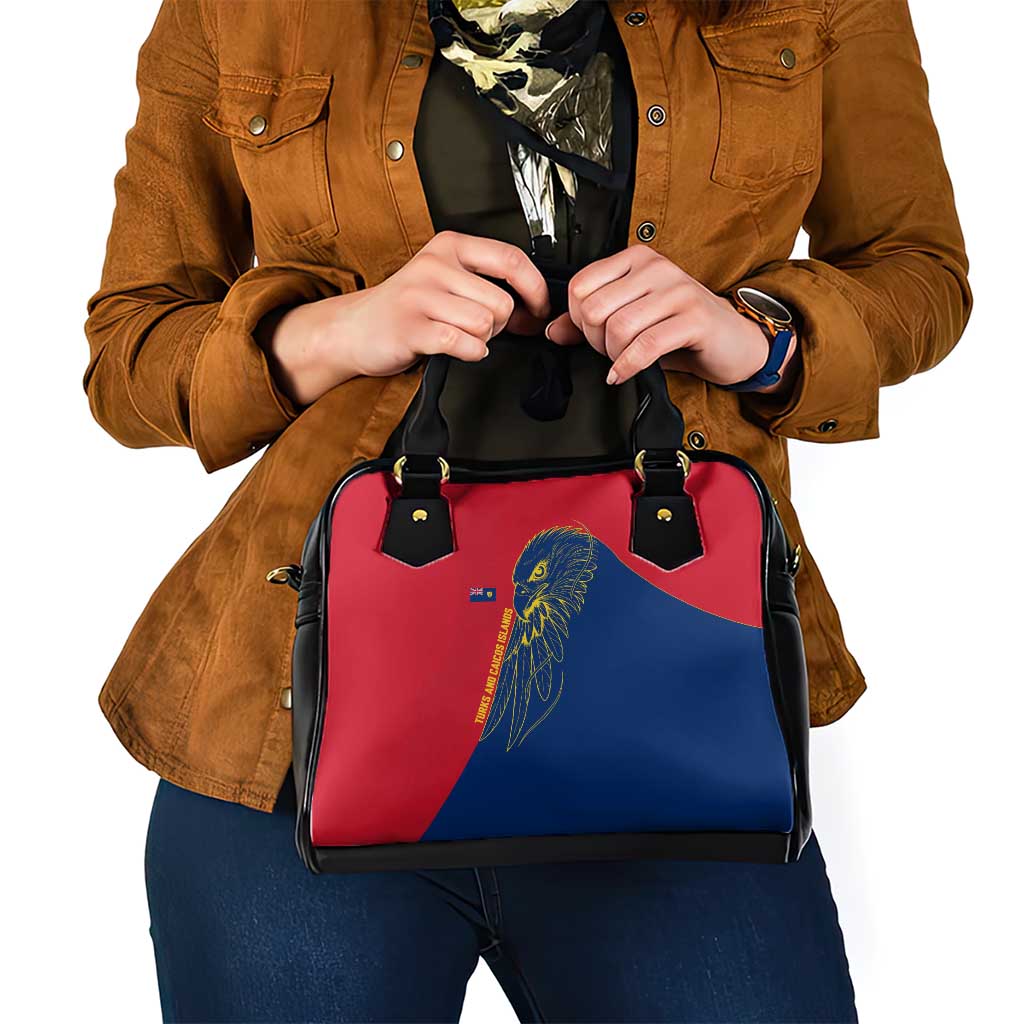 Turks and Caicos Islands Shoulder Handbag with Yellow Hawk Outline and Red Blue Crest Design - Wonder Print Shop