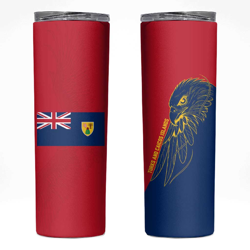 Turks and Caicos Islands Skinny Tumbler with Yellow Hawk Outline and Red Blue Crest Design - Wonder Print Shop