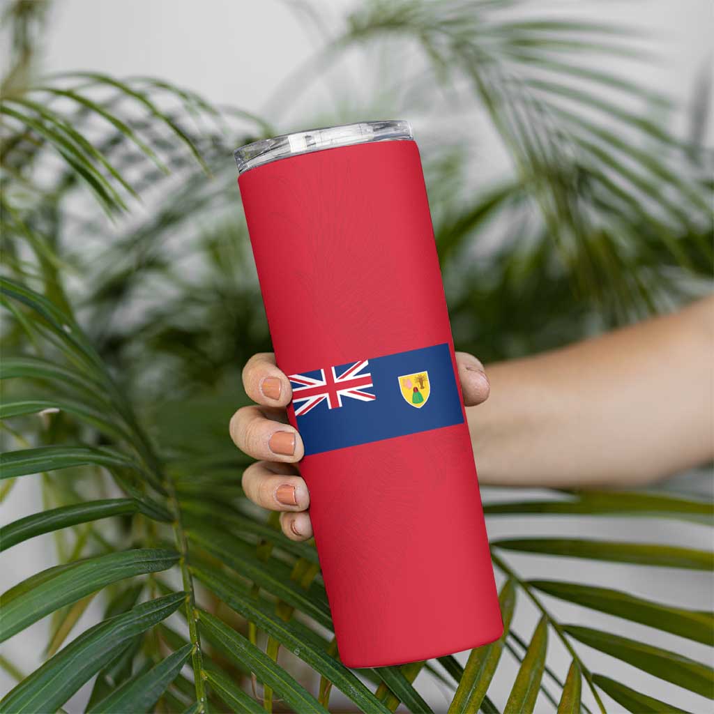 Turks and Caicos Islands Skinny Tumbler with Yellow Hawk Outline and Red Blue Crest Design - Wonder Print Shop