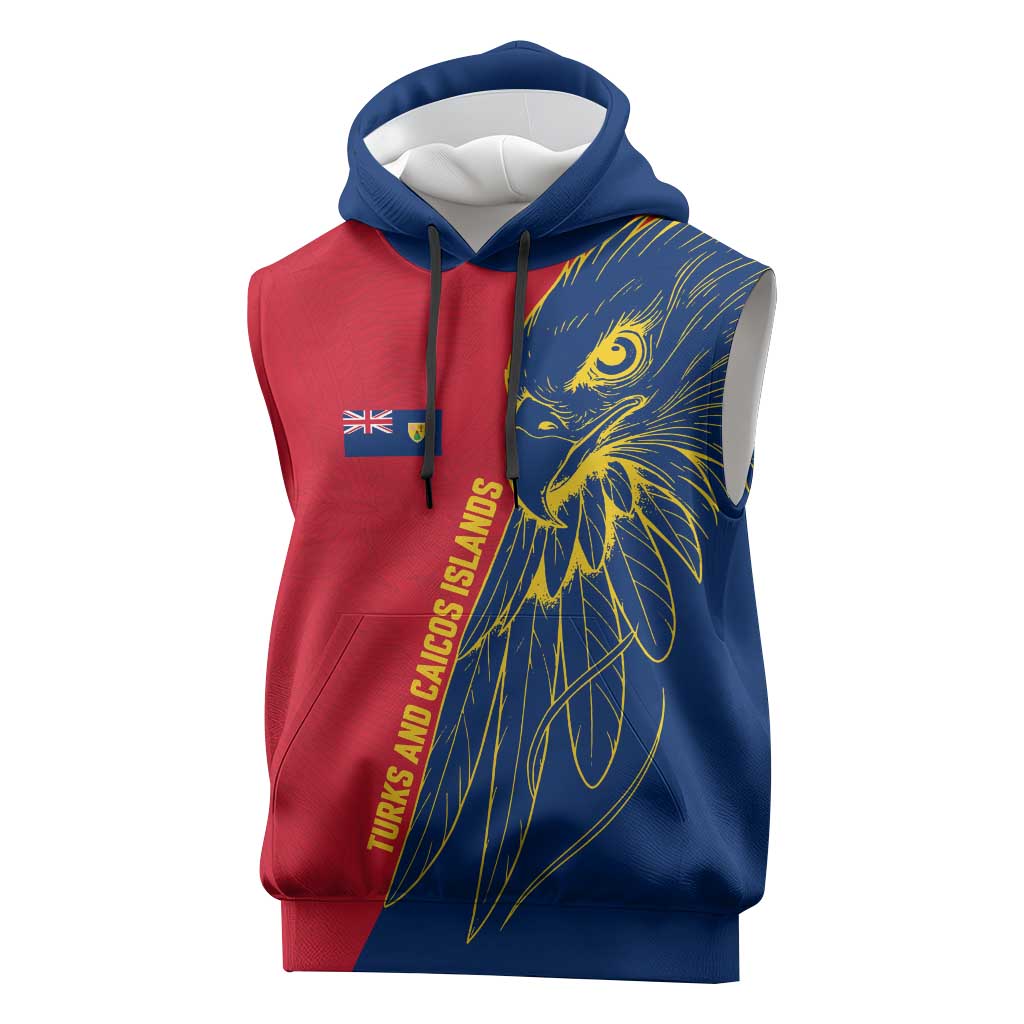 Turks and Caicos Islands Sleeveless Hoodie with Yellow Hawk Outline and Red Blue Crest Design - Wonder Print Shop