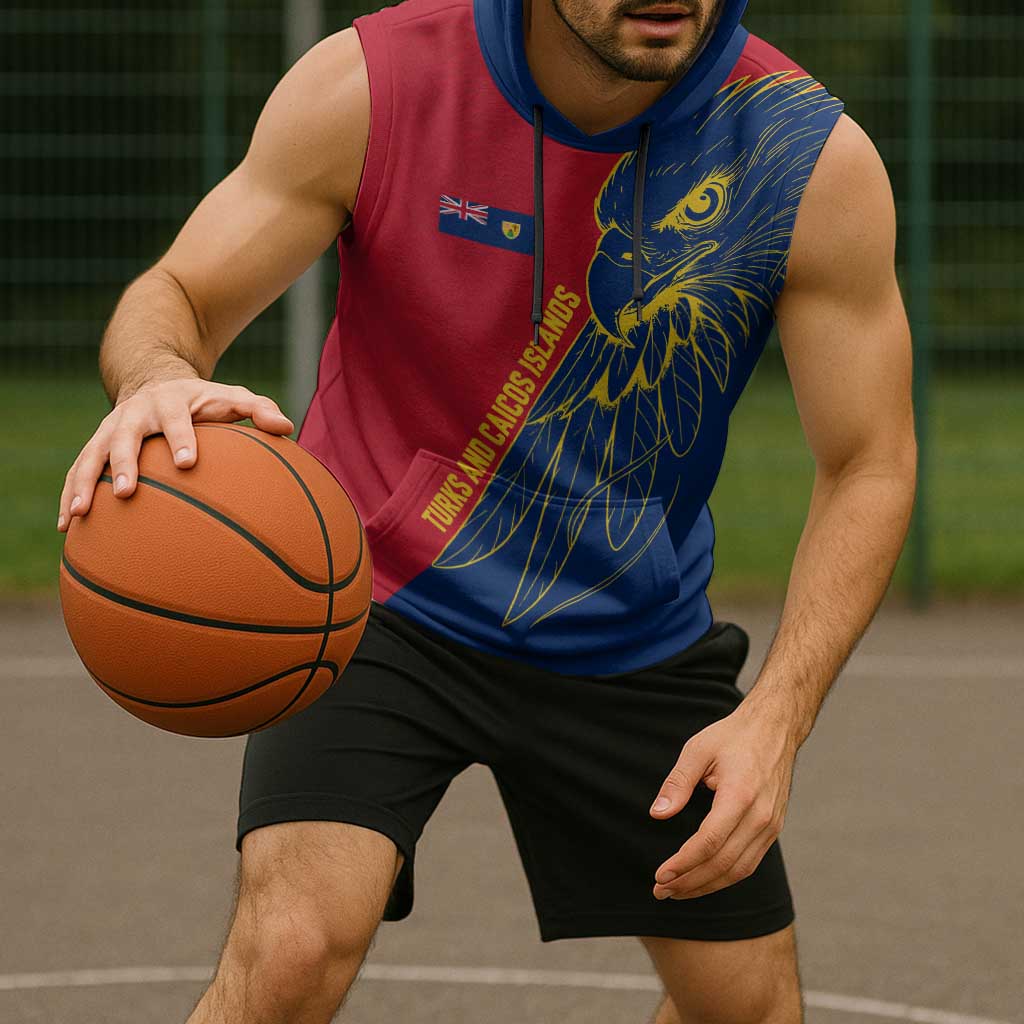 Turks and Caicos Islands Sleeveless Hoodie with Yellow Hawk Outline and Red Blue Crest Design - Wonder Print Shop