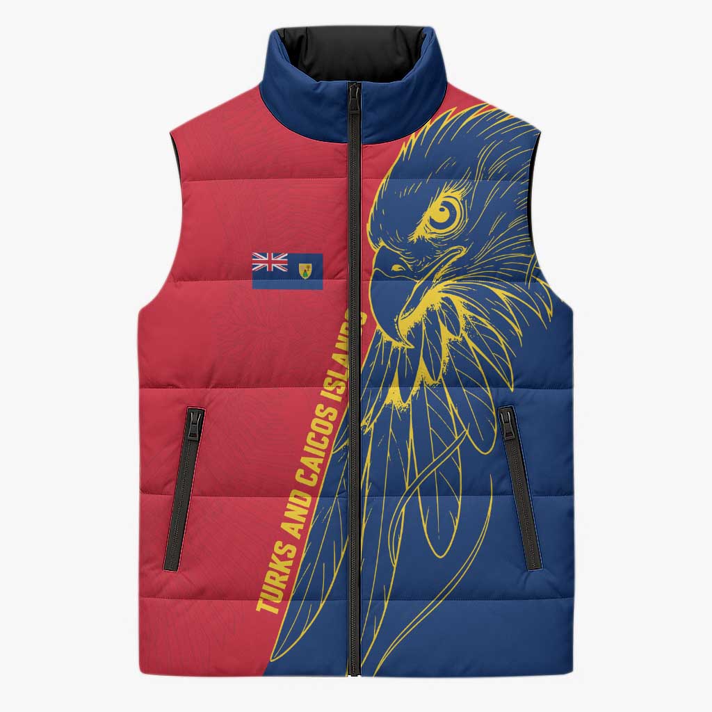 Turks and Caicos Islands Sleeveless Puffer Jacket with Yellow Hawk Outline and Red Blue Crest Design - Wonder Print Shop