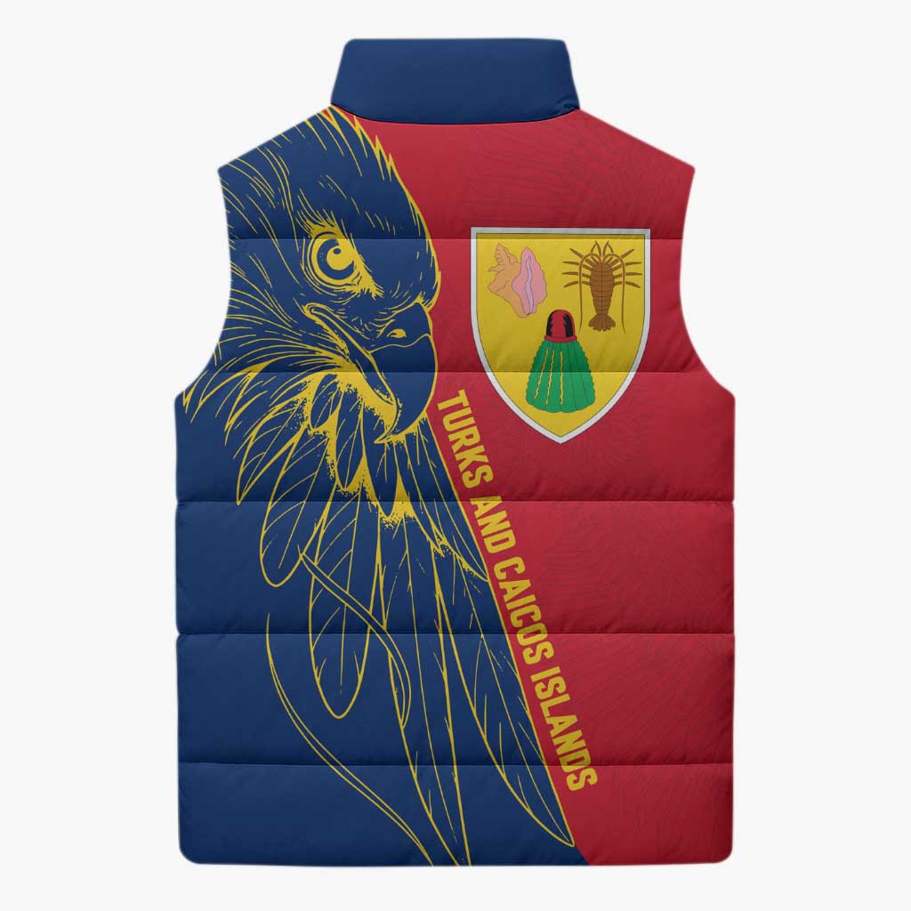 Turks and Caicos Islands Sleeveless Puffer Jacket with Yellow Hawk Outline and Red Blue Crest Design - Wonder Print Shop