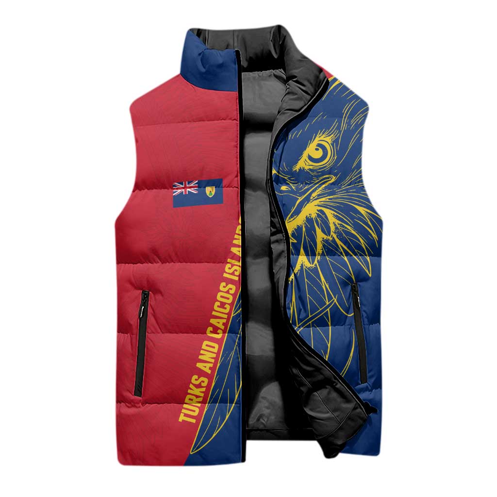 Turks and Caicos Islands Sleeveless Puffer Jacket with Yellow Hawk Outline and Red Blue Crest Design - Wonder Print Shop