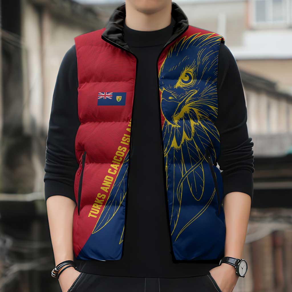 Turks and Caicos Islands Sleeveless Puffer Jacket with Yellow Hawk Outline and Red Blue Crest Design - Wonder Print Shop