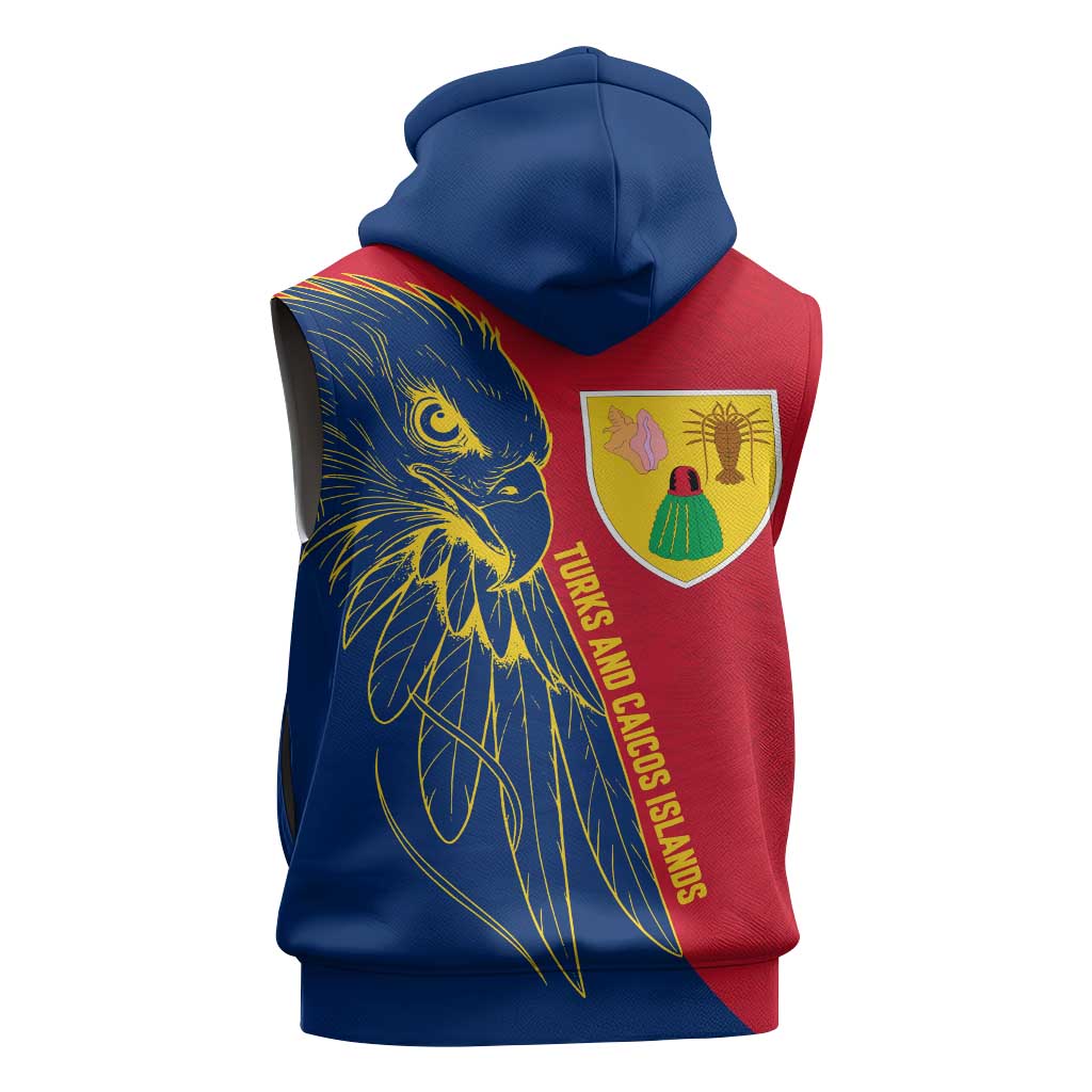 Turks and Caicos Islands Sleeveless Zip Hoodie with Yellow Hawk Outline and Red Blue Crest Design - Wonder Print Shop