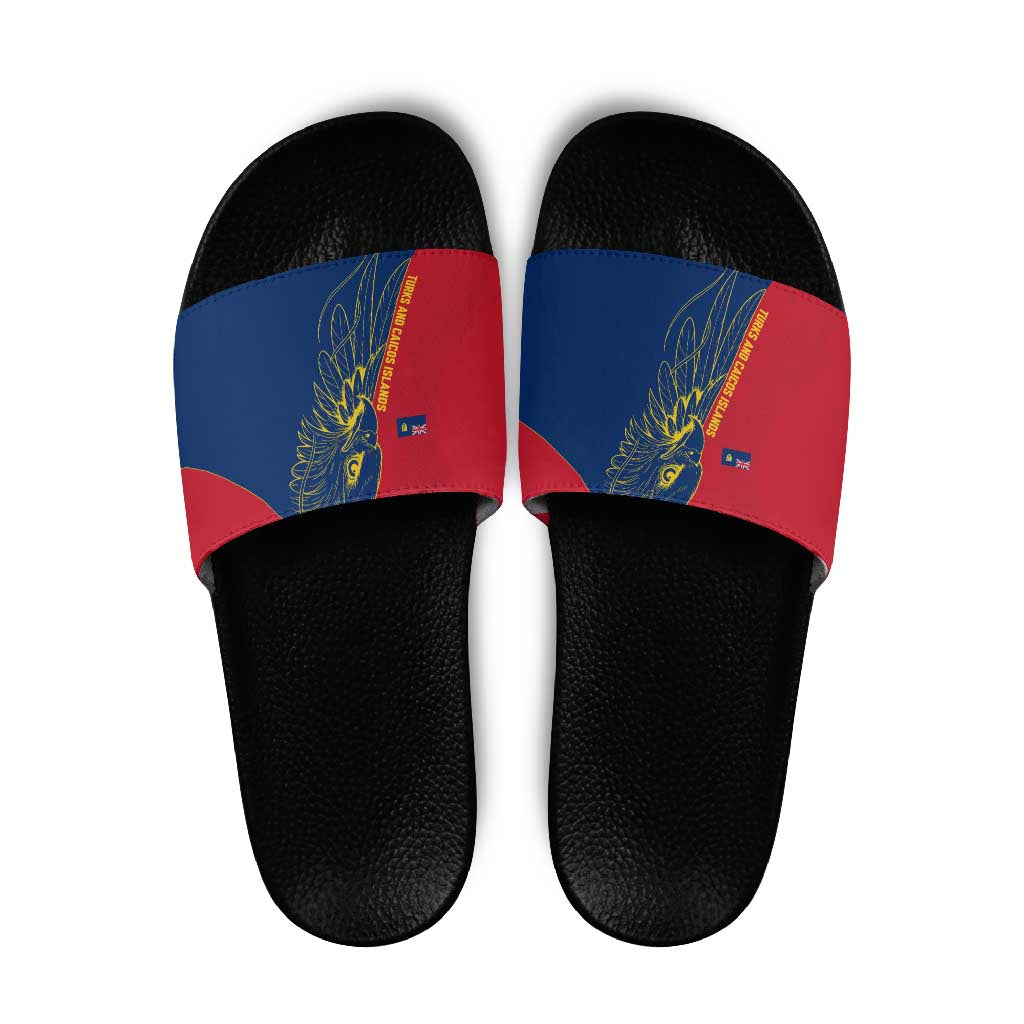 Turks and Caicos Islands Slide Sandals with Yellow Hawk Outline and Red Blue Crest Design - Wonder Print Shop