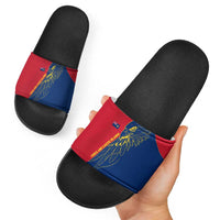 Turks and Caicos Islands Slide Sandals with Yellow Hawk Outline and Red Blue Crest Design - Wonder Print Shop