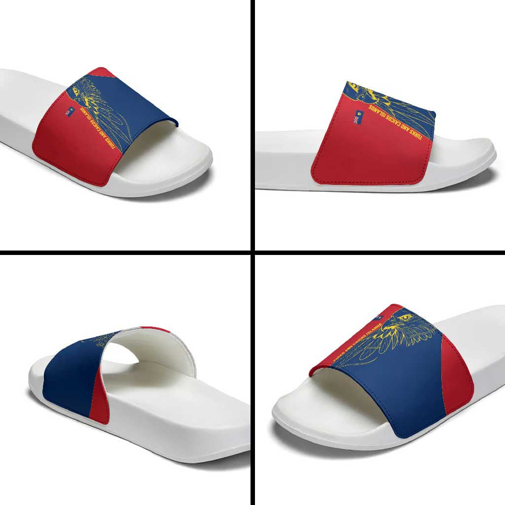 Turks and Caicos Islands Slide Sandals with Yellow Hawk Outline and Red Blue Crest Design - Wonder Print Shop