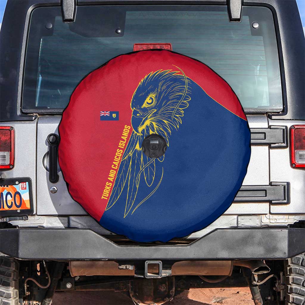 Turks and Caicos Islands Spare Tire Cover with Yellow Hawk Outline and Red Blue Crest Design - Wonder Print Shop