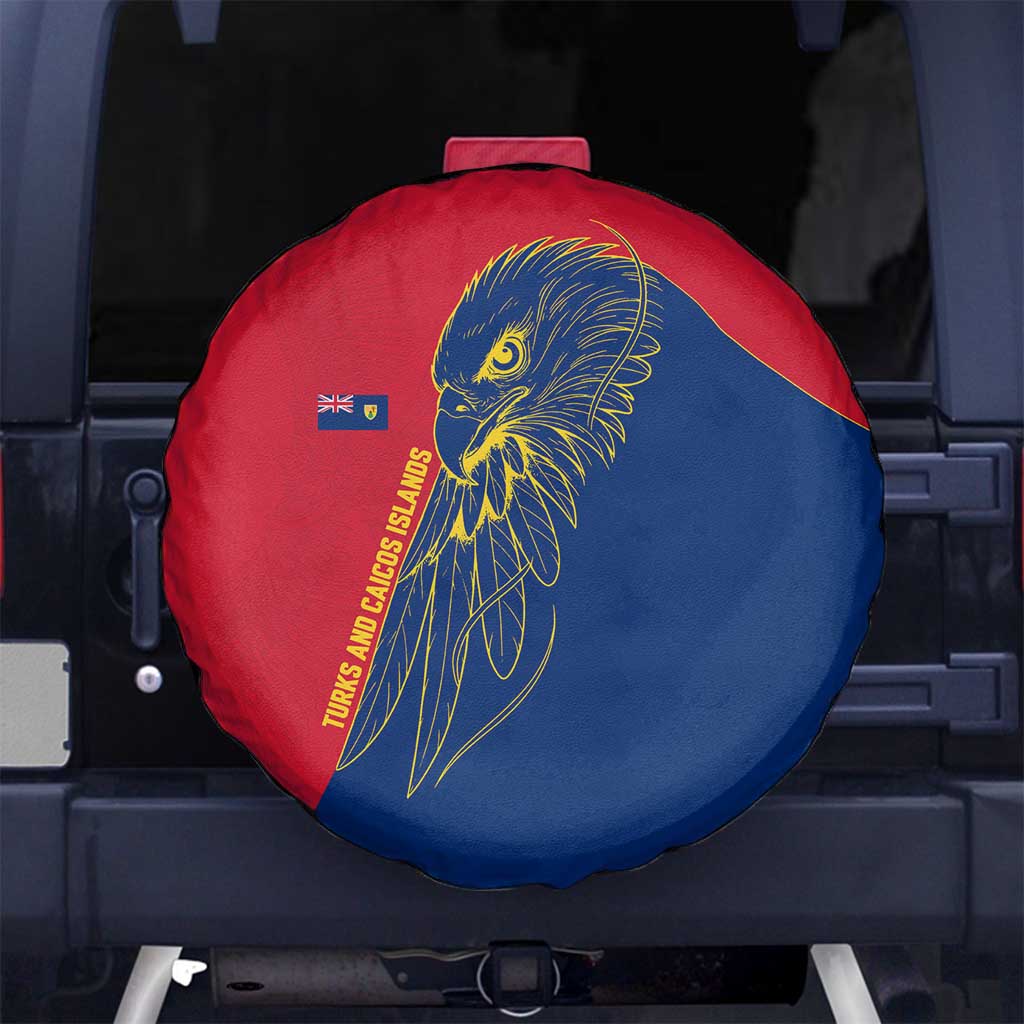 Turks and Caicos Islands Spare Tire Cover with Yellow Hawk Outline and Red Blue Crest Design - Wonder Print Shop
