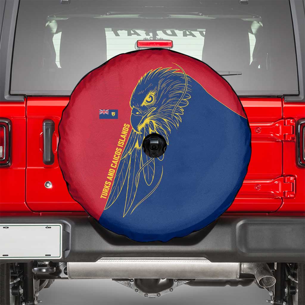Turks and Caicos Islands Spare Tire Cover with Yellow Hawk Outline and Red Blue Crest Design - Wonder Print Shop