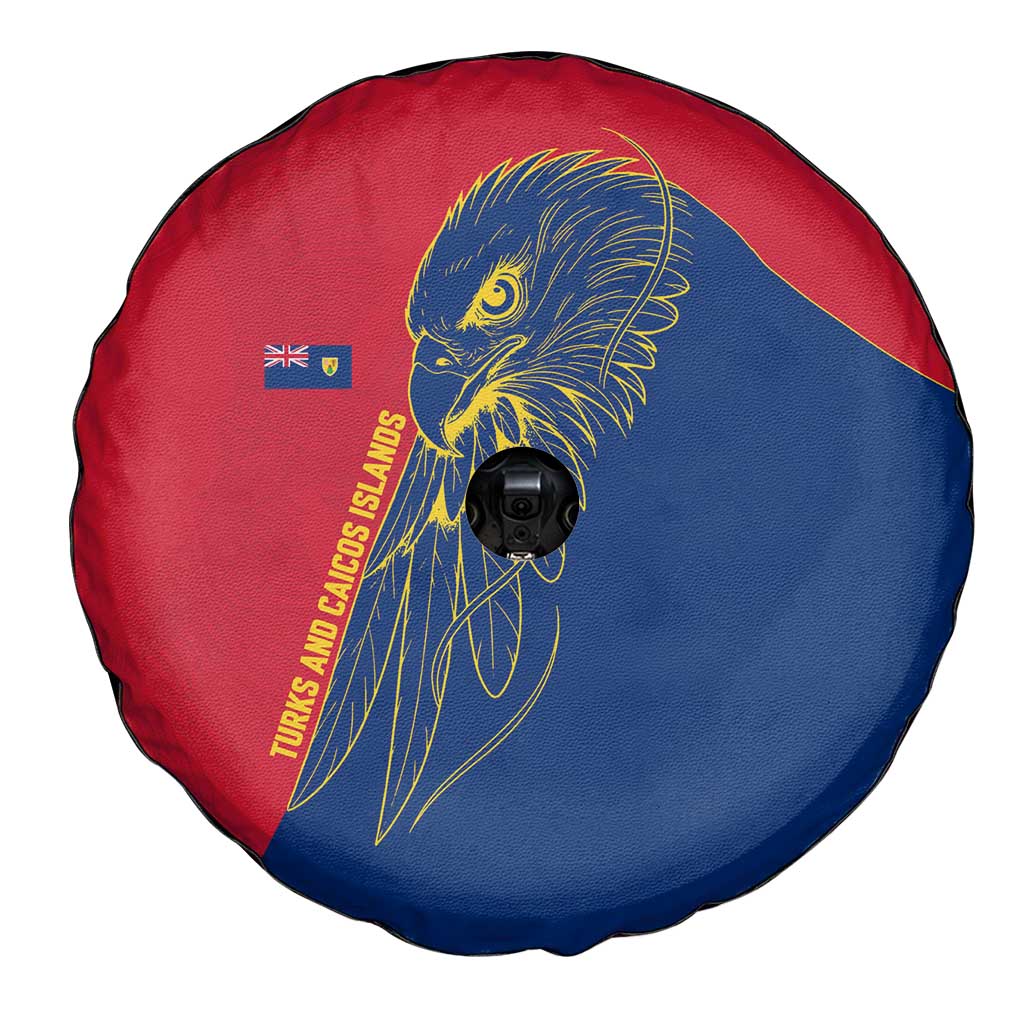 Turks and Caicos Islands Spare Tire Cover with Yellow Hawk Outline and Red Blue Crest Design - Wonder Print Shop