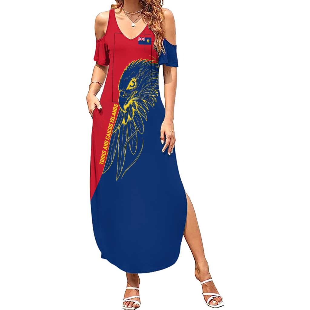 Turks and Caicos Islands Summer Maxi Dress with Yellow Hawk Outline and Red Blue Crest Design - Wonder Print Shop