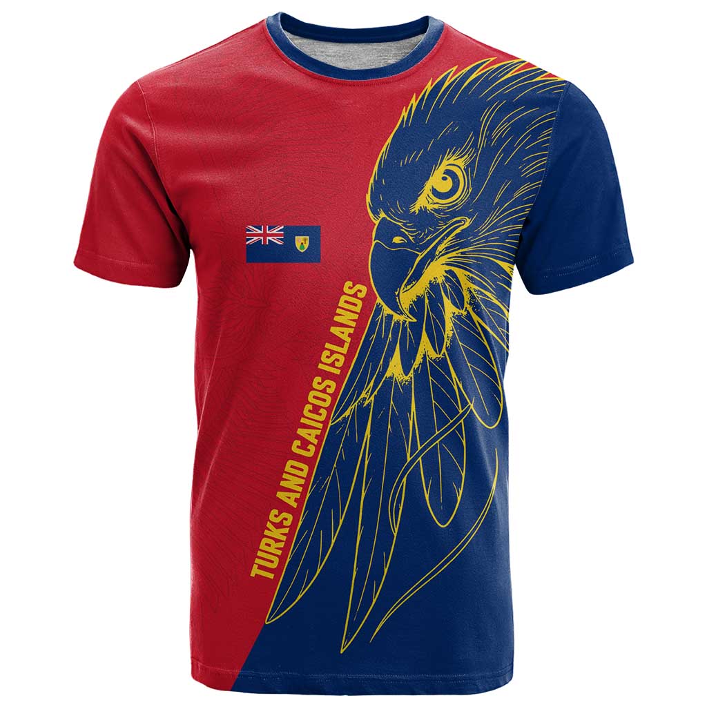 Turks and Caicos Islands T Shirt with Yellow Hawk Outline and Red Blue Crest Design - Wonder Print Shop