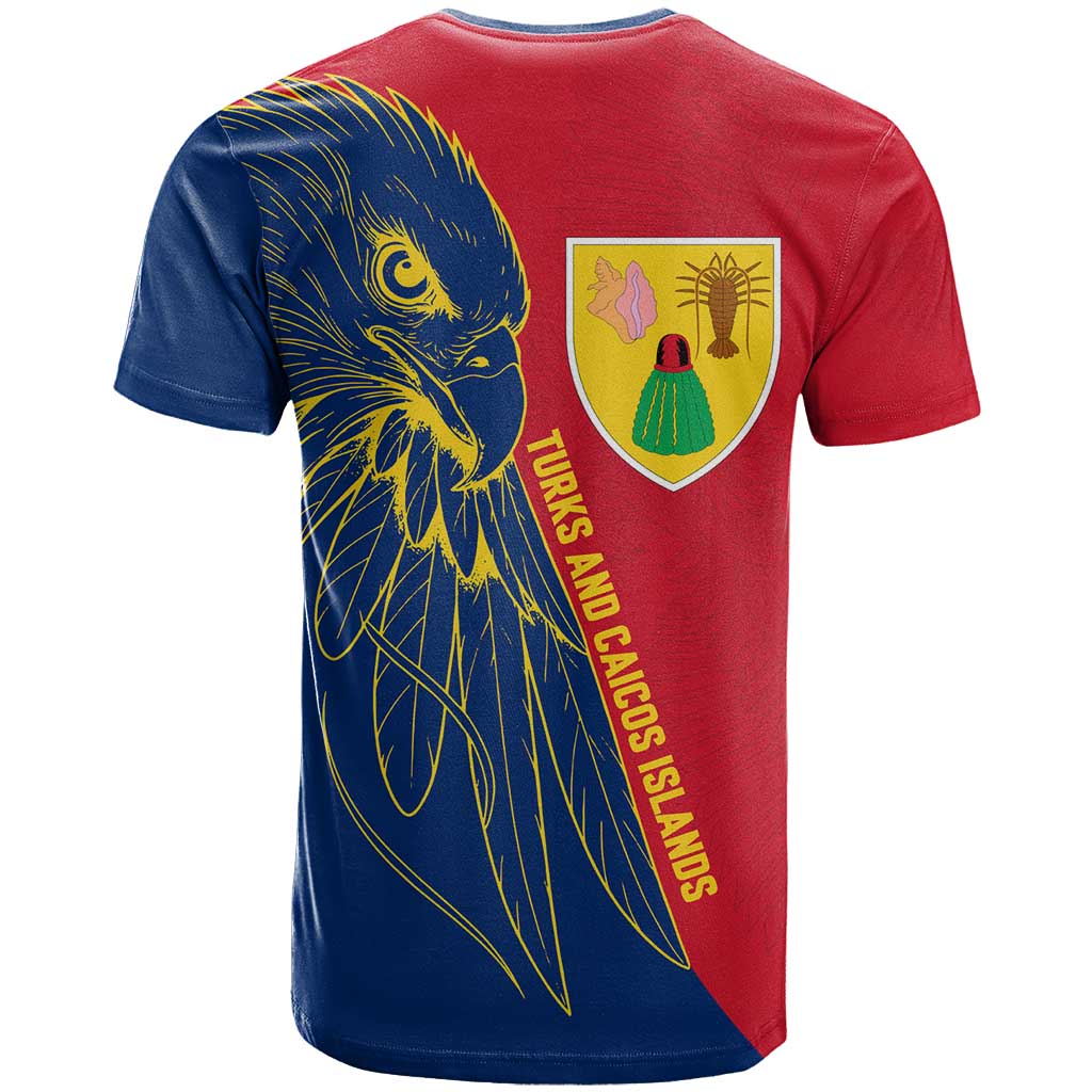 Turks and Caicos Islands T Shirt with Yellow Hawk Outline and Red Blue Crest Design - Wonder Print Shop
