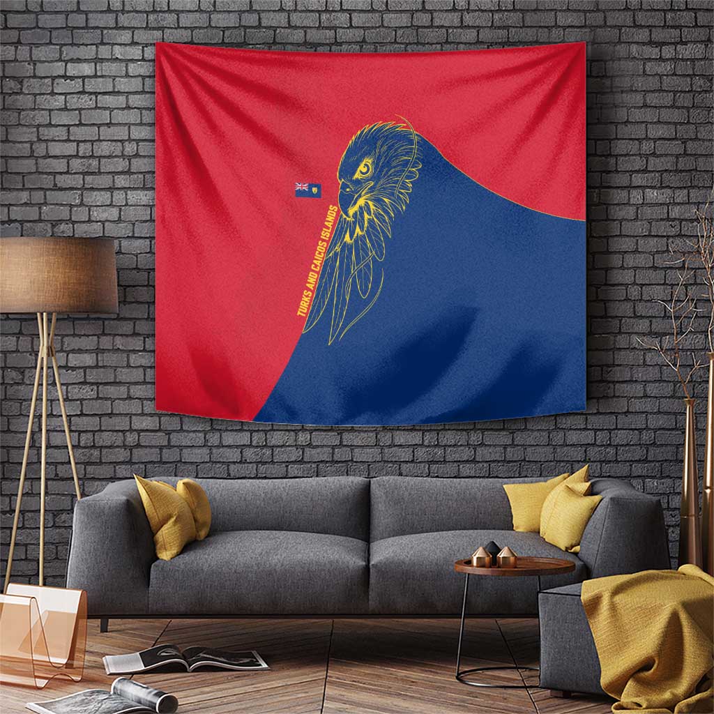 Turks and Caicos Islands Tapestry with Yellow Hawk Outline and Red Blue Crest Design - Wonder Print Shop