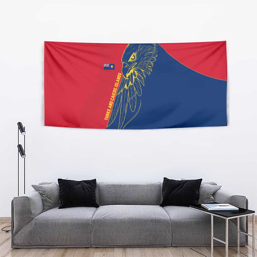 Turks and Caicos Islands Tapestry with Yellow Hawk Outline and Red Blue Crest Design - Wonder Print Shop