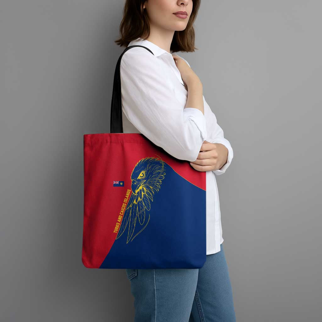 Turks and Caicos Islands Tote Bag with Yellow Hawk Outline and Red Blue Crest Design - Wonder Print Shop