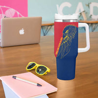 Turks and Caicos Islands Tumbler With Handle with Yellow Hawk Outline and Red Blue Crest Design - Wonder Print Shop
