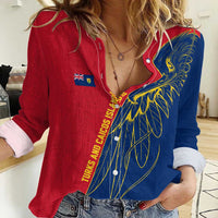 Turks and Caicos Islands Women Casual Shirt with Yellow Hawk Outline and Red Blue Crest Design - Wonder Print Shop