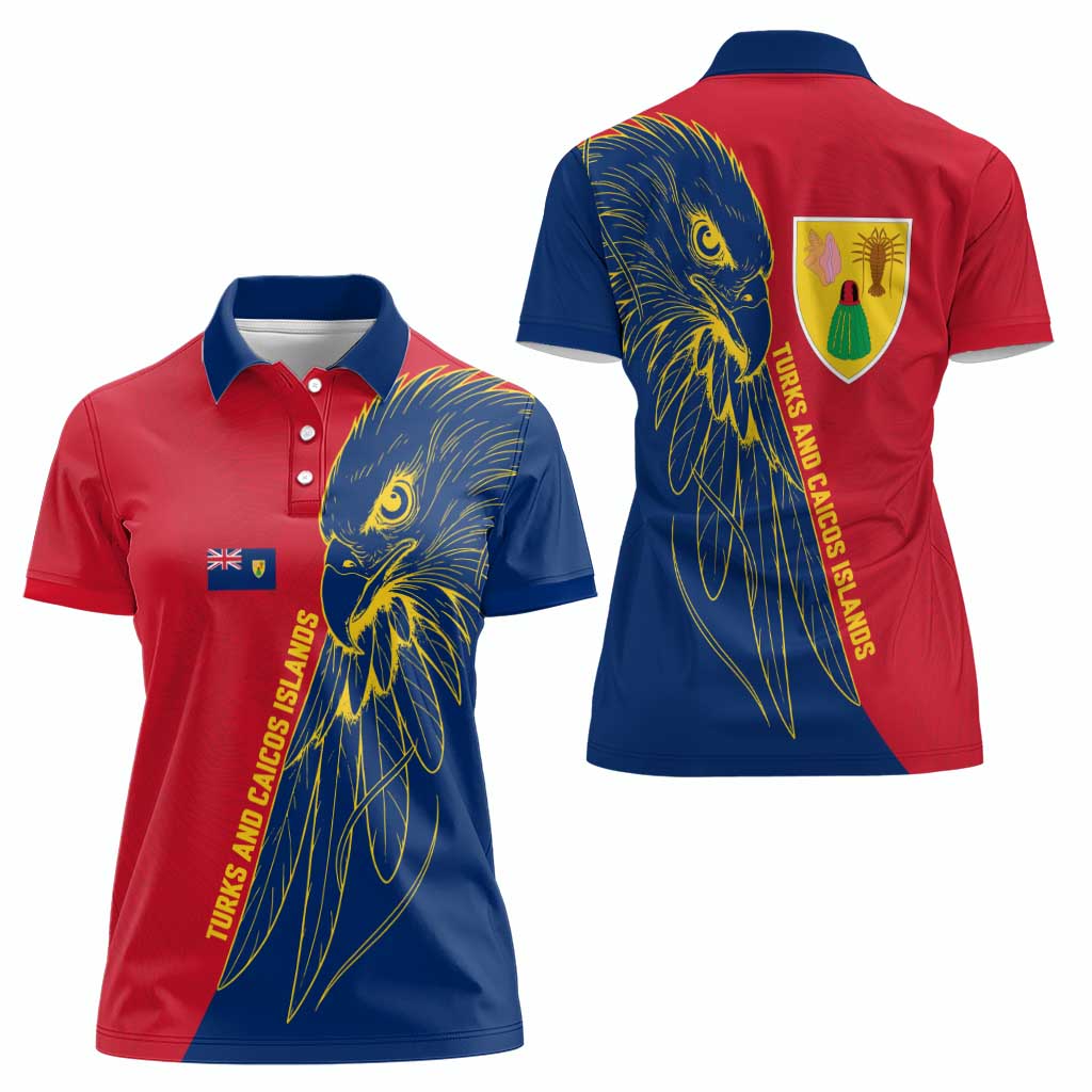 Turks and Caicos Islands Women Polo Shirt with Yellow Hawk Outline and Red Blue Crest Design - Wonder Print Shop