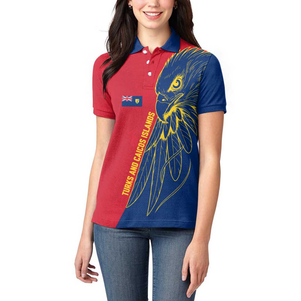 Turks and Caicos Islands Women Polo Shirt with Yellow Hawk Outline and Red Blue Crest Design - Wonder Print Shop