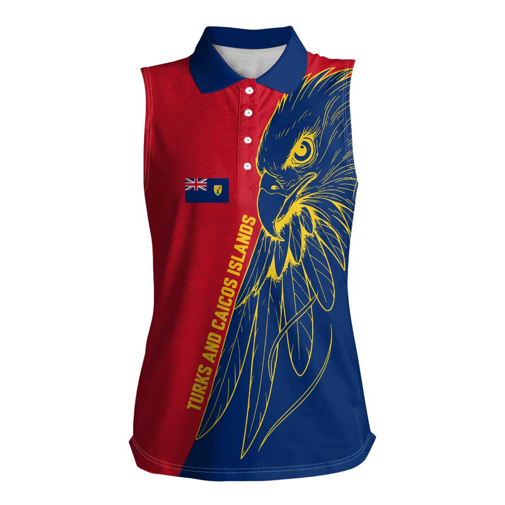 Turks and Caicos Islands Women Sleeveless Polo Shirt with Yellow Hawk Outline and Red Blue Crest Design - Wonder Print Shop