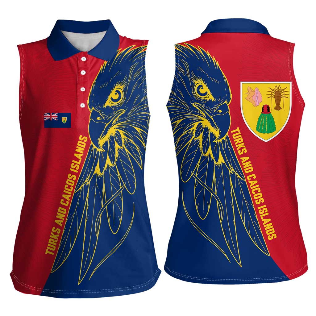 Turks and Caicos Islands Women Sleeveless Polo Shirt with Yellow Hawk Outline and Red Blue Crest Design - Wonder Print Shop
