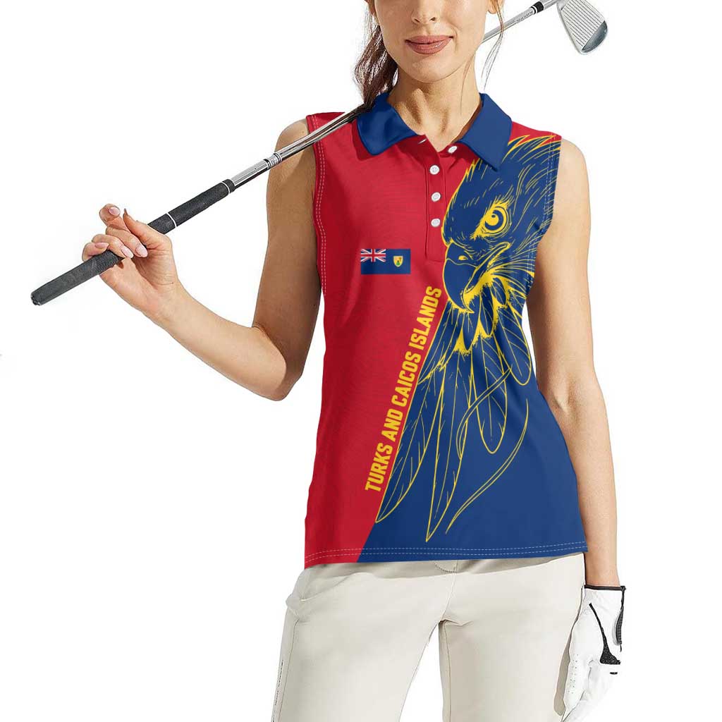 Turks and Caicos Islands Women Sleeveless Polo Shirt with Yellow Hawk Outline and Red Blue Crest Design - Wonder Print Shop