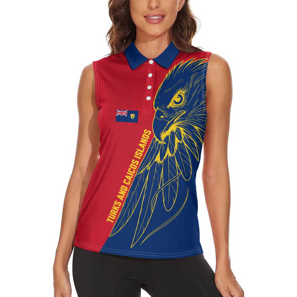 Turks and Caicos Islands Women Sleeveless Polo Shirt with Yellow Hawk Outline and Red Blue Crest Design - Wonder Print Shop