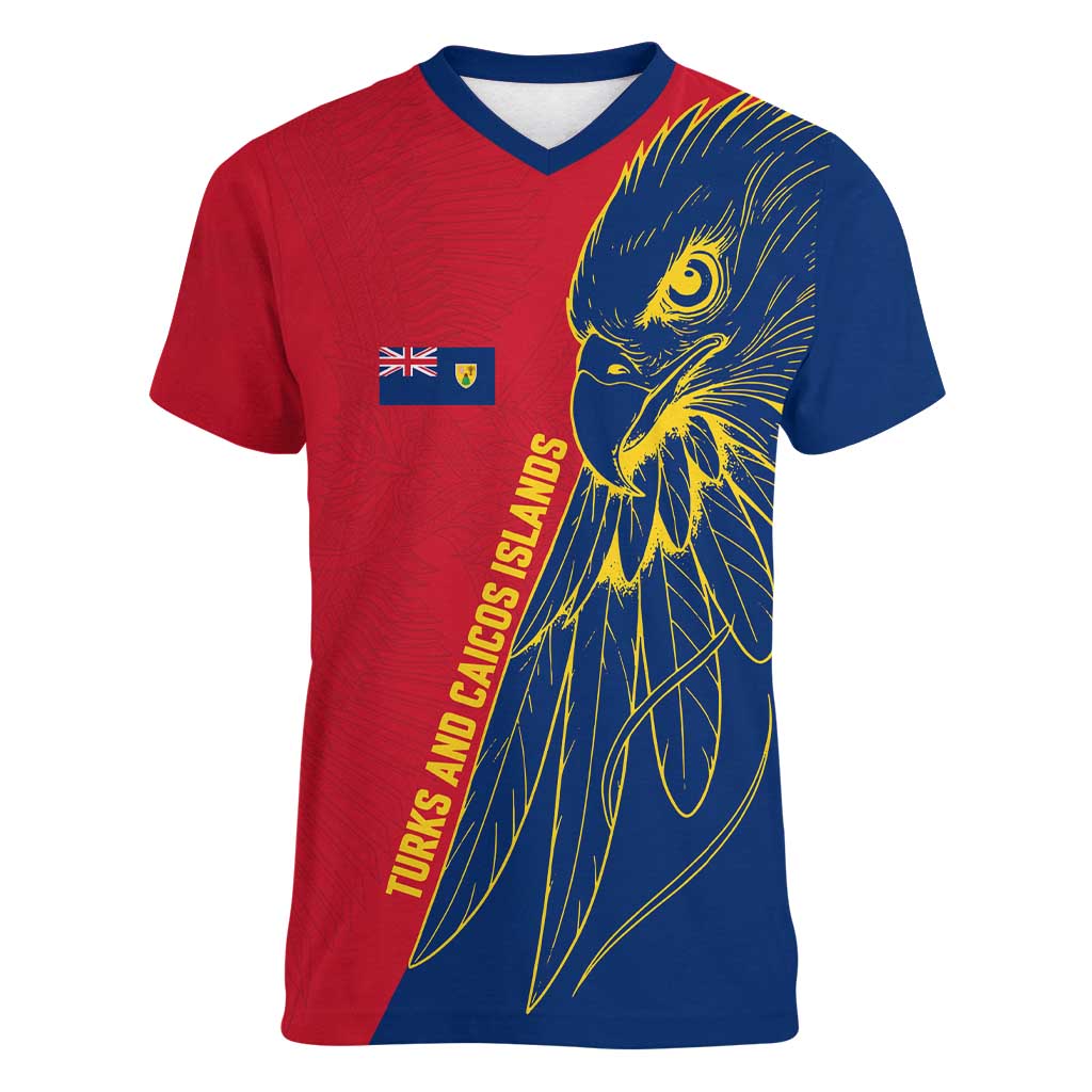 Turks and Caicos Islands Women V-Neck T-Shirt with Yellow Hawk Outline and Red Blue Crest Design - Wonder Print Shop