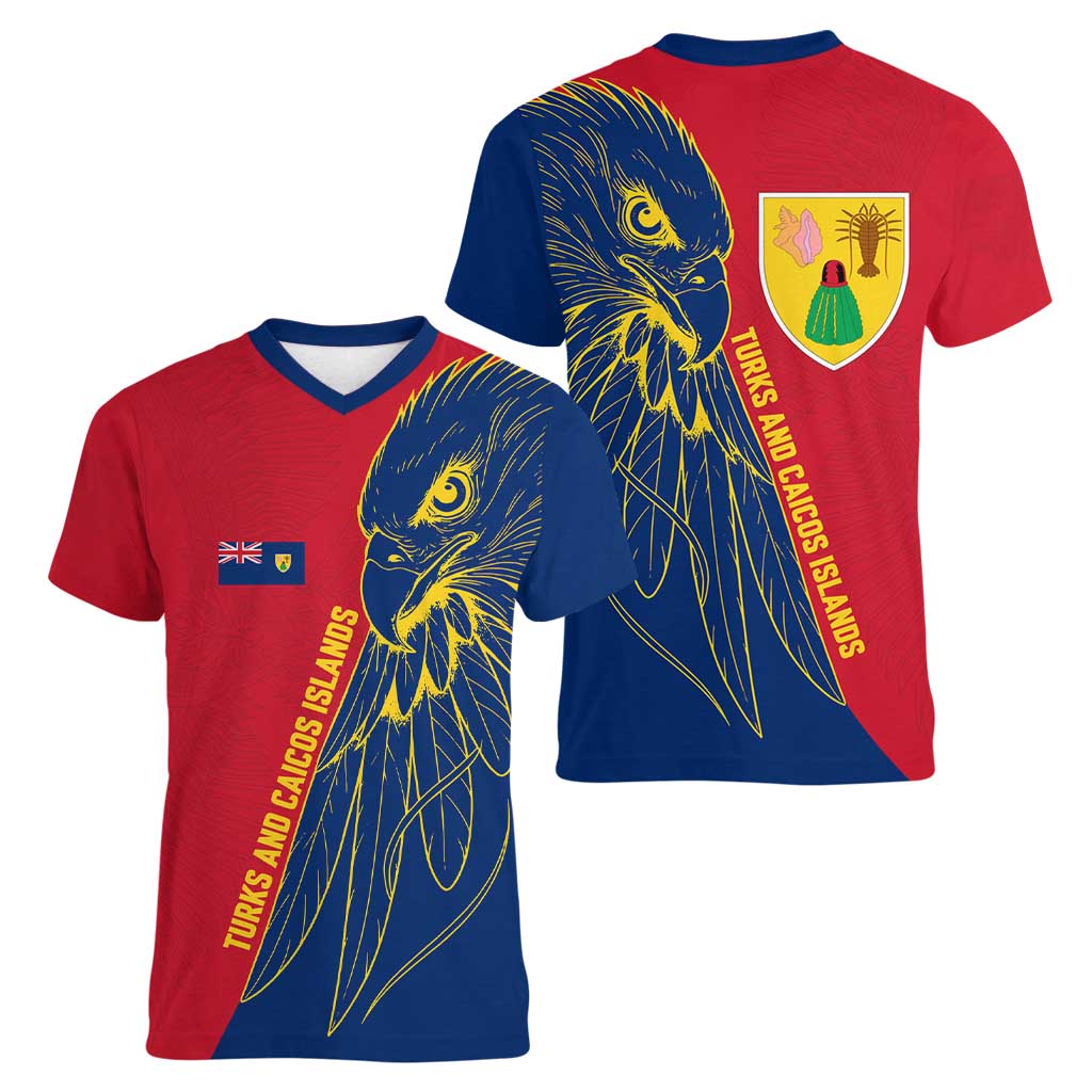 Turks and Caicos Islands Women V-Neck T-Shirt with Yellow Hawk Outline and Red Blue Crest Design - Wonder Print Shop