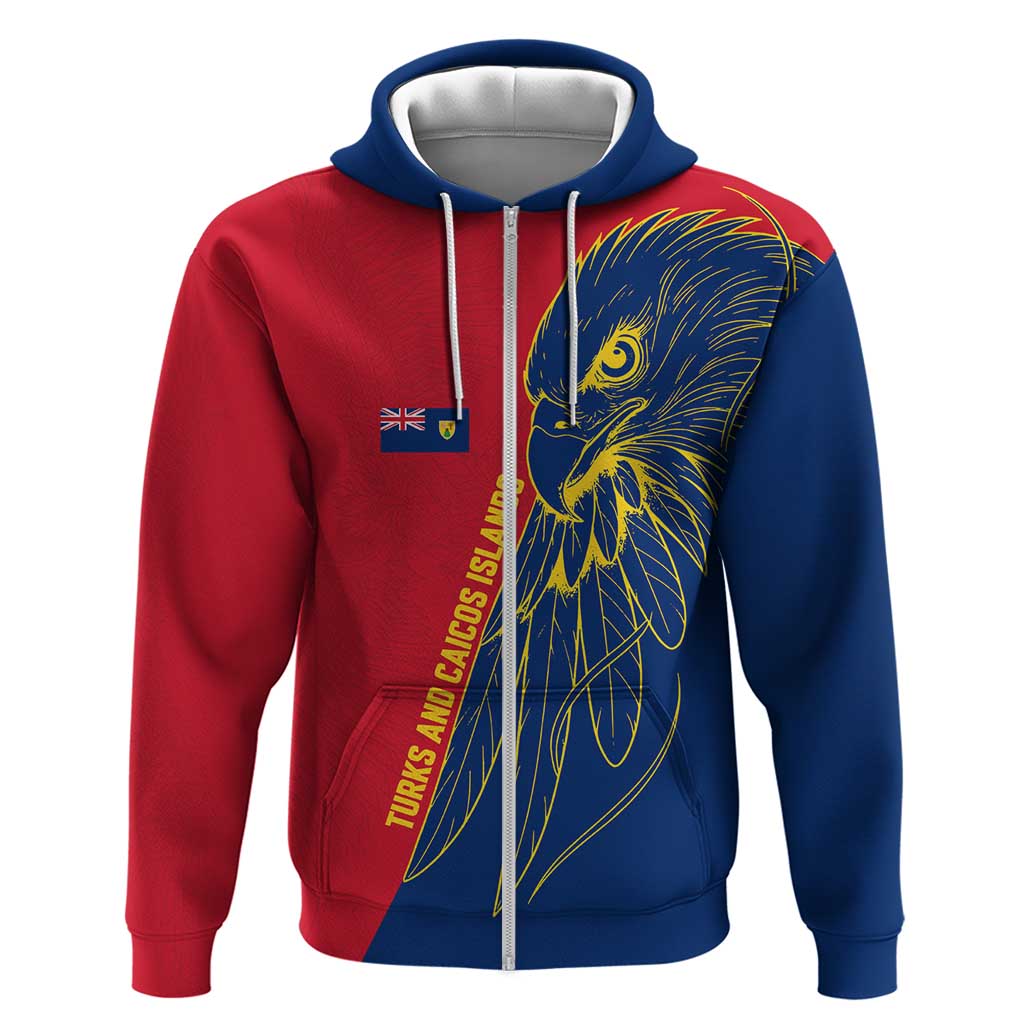 Turks and Caicos Islands Zip Hoodie with Yellow Hawk Outline and Red Blue Crest Design - Wonder Print Shop