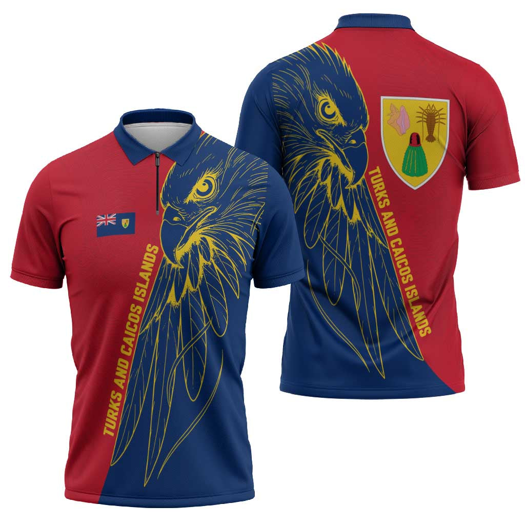 Turks and Caicos Islands Zipper Polo Shirt with Yellow Hawk Outline and Red Blue Crest Design - Wonder Print Shop
