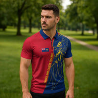 Turks and Caicos Islands Zipper Polo Shirt with Yellow Hawk Outline and Red Blue Crest Design - Wonder Print Shop