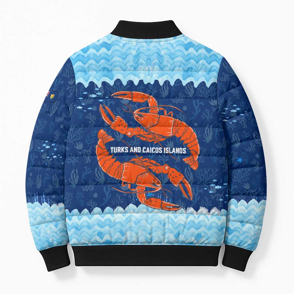 Turks and Caicos Islands Bomber Puffer Jacket with Red Crab and Ocean Wave Coral Reef Design - Wonder Print Shop