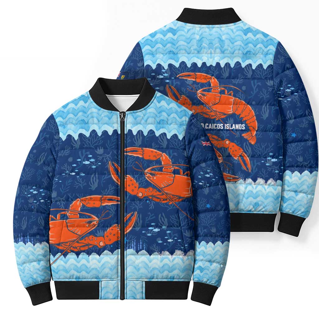 Turks and Caicos Islands Bomber Puffer Jacket with Red Crab and Ocean Wave Coral Reef Design - Wonder Print Shop