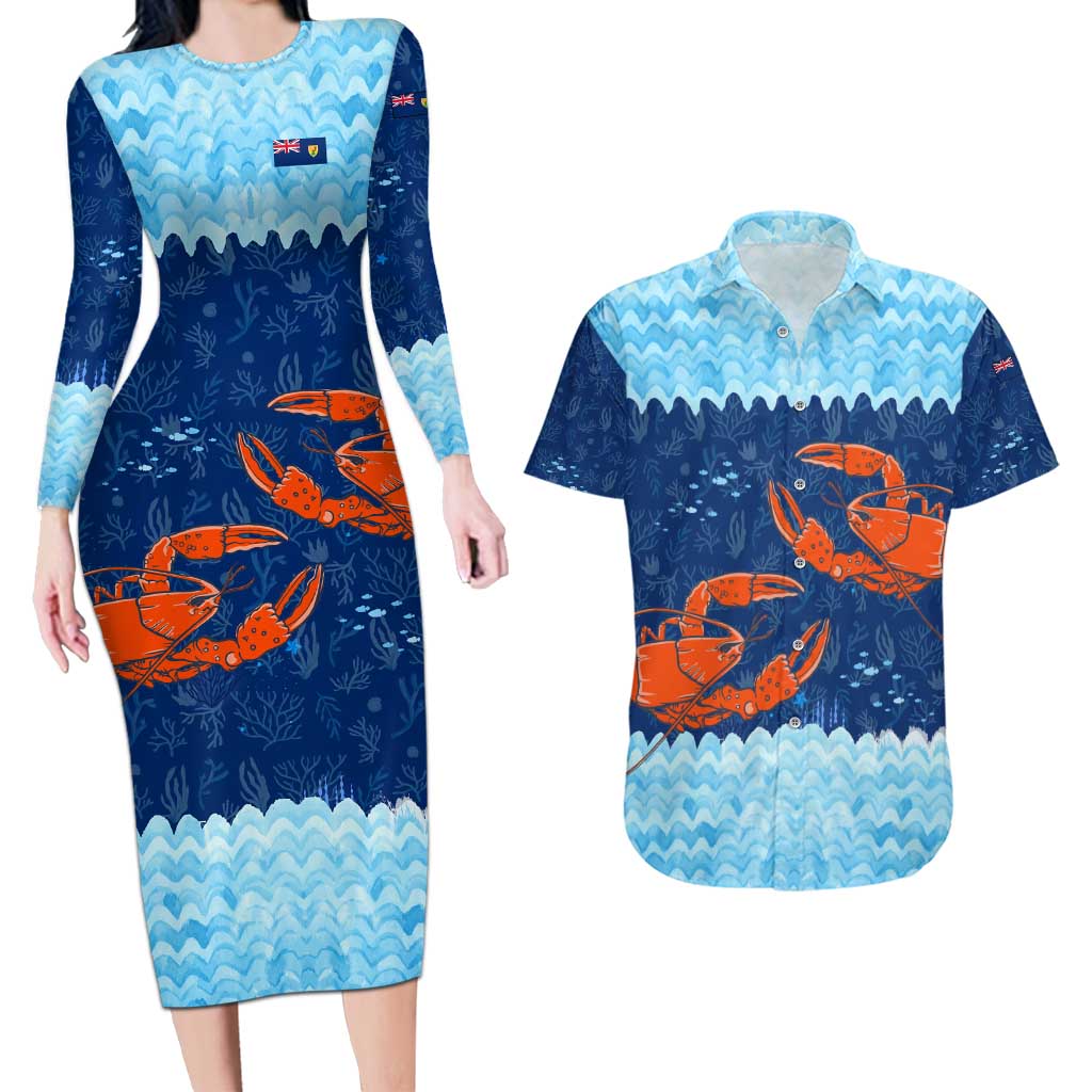 Turks and Caicos Islands Couples Matching Long Sleeve Bodycon Dress and Hawaiian Shirt with Red Crab and Ocean Wave Coral Reef Design - Wonder Print Shop