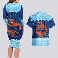 Turks and Caicos Islands Couples Matching Long Sleeve Bodycon Dress and Hawaiian Shirt with Red Crab and Ocean Wave Coral Reef Design - Wonder Print Shop